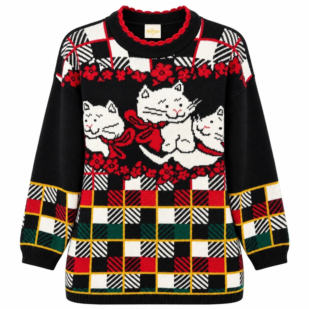 Vintage Cat Graphic Ugly Christmas Sweater Women Sz Medium Holiday Retro Kitsch